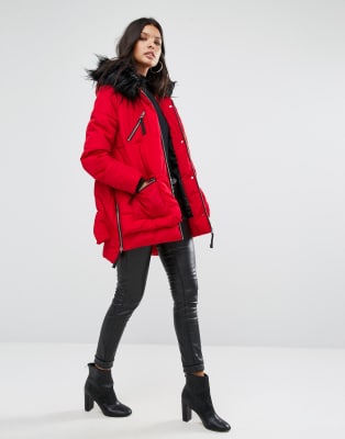 red coat with black fur hood