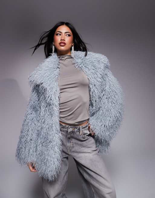 River Island Faux Fur Jacket in Light Blue