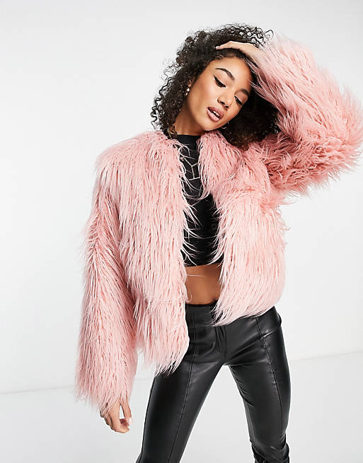 River Island faux fur jacket in light pink | ASOS