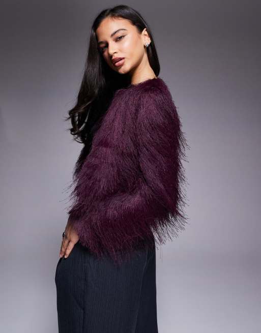 River Island faux fur knitted jacket in burgundy, 2 of 4