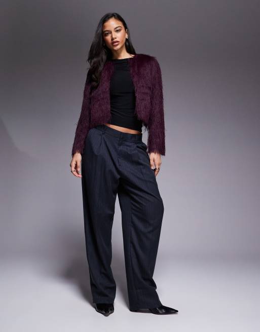 River Island faux fur knitted jacket in burgundy, 3 of 4