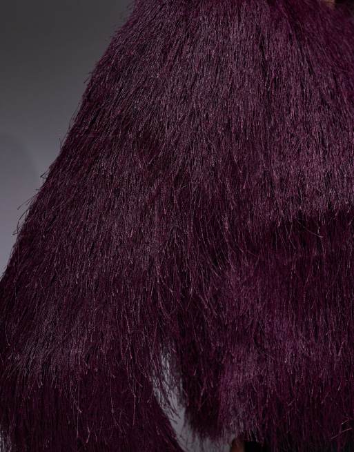 River Island faux fur knitted jacket in burgundy, 4 of 4