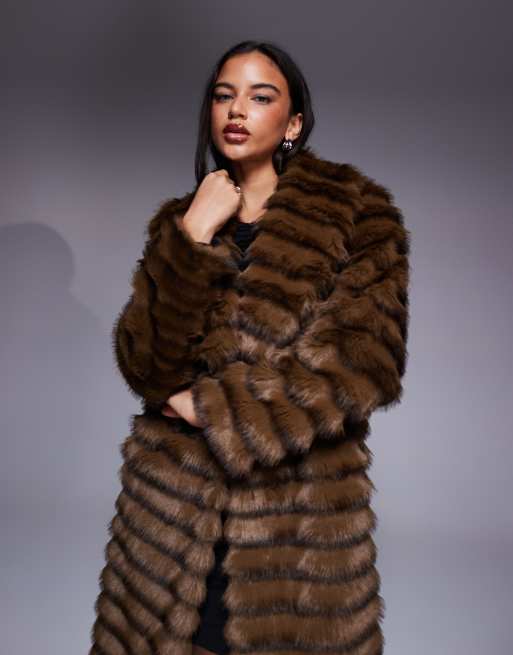 River Island faux fur layered coat in dark brown | ASOS