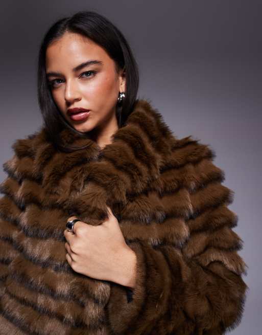 River Island faux-fur layered coat in dark brown, 4 of 4