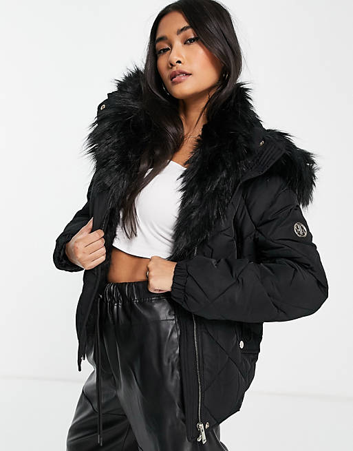 River Island faux fur lined padded jacket in black | ASOS