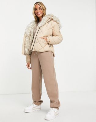 River Island faux fur lined padded jacket in neutral