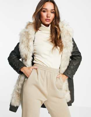 River Island Parka Jacket With Faux Fur Lining In Khaki in Green