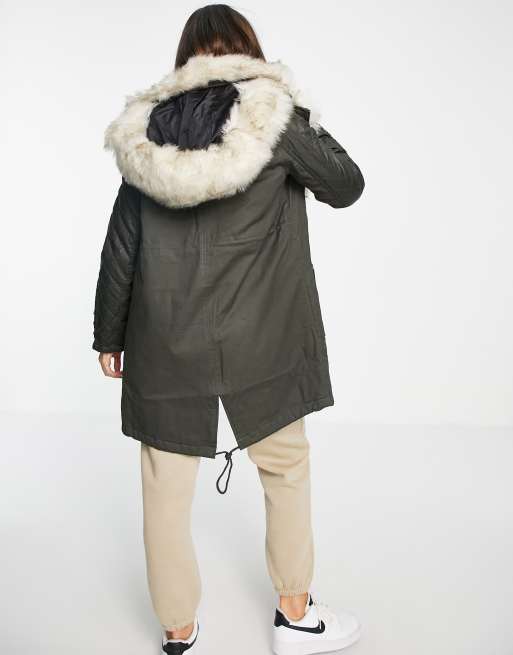 River Island Parka Jacket With Faux Fur Lining In Khaki in Green