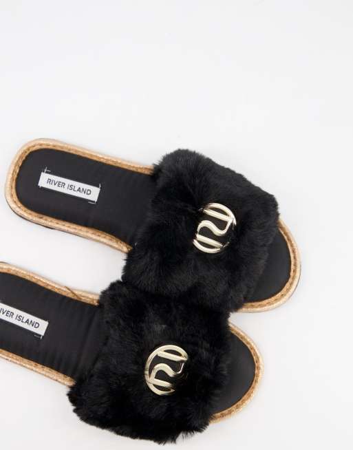 River Island faux fur logo slide slippers in black