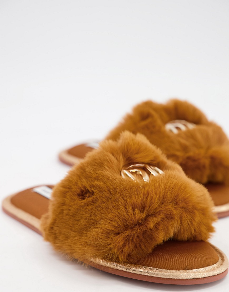 River Island faux-fur logo slide slippers in brown
