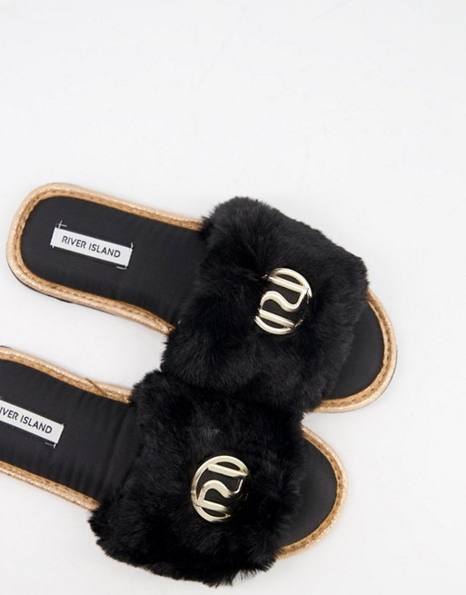 River Island faux fur logo slider slippers in black