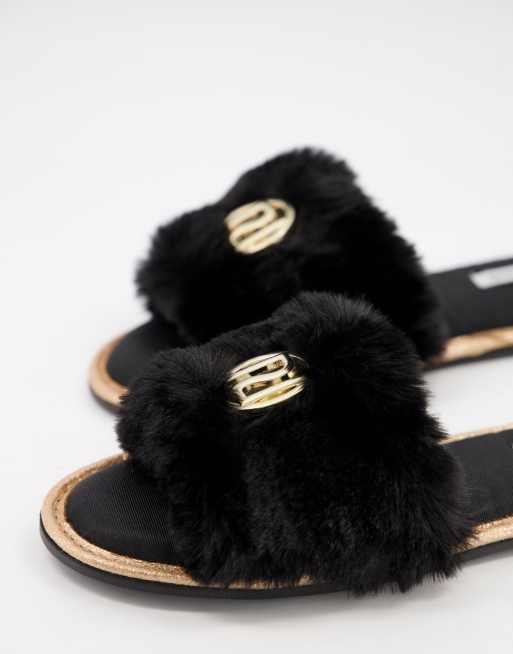 River Island faux fur logo slider slippers in black ASOS