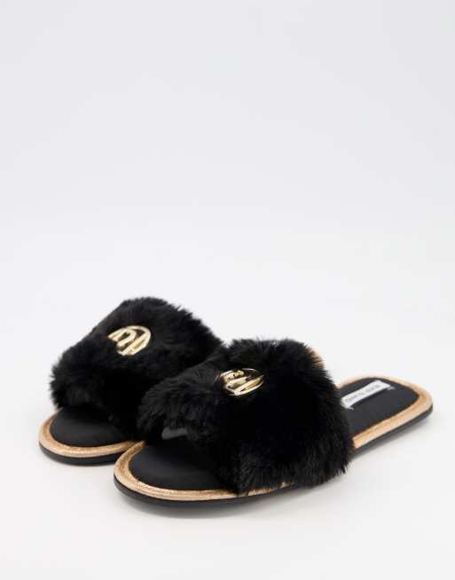 River Island faux fur logo slider slippers in black ASOS