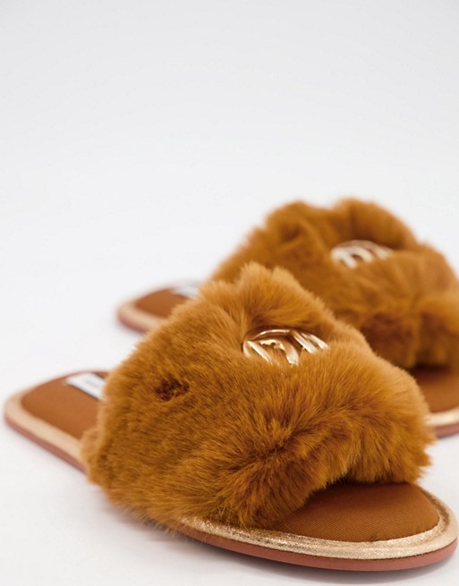 River Island faux fur logo slider slippers in brown