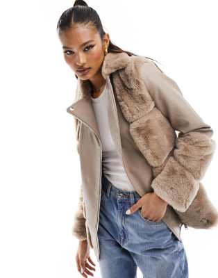 River Island Faux Fur Paneled Biker Jacket In Beige-white