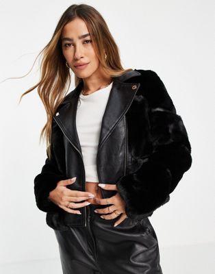 River Island Faux Fur Paneled Biker Jacket In Black | ModeSens