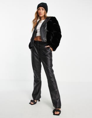 black faux fur leather jacket river island