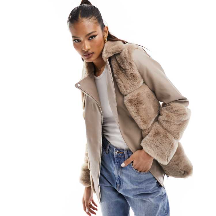 River Island faux fur panelled biker jacket in beige