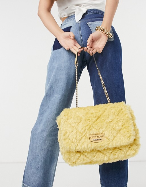 River Island faux fur quilted shoulder bag in yellow