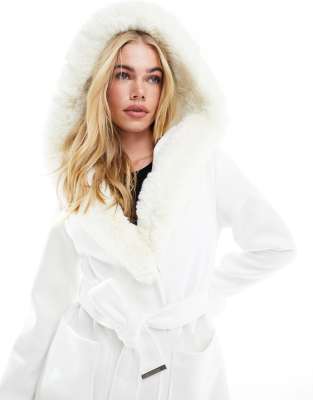 River Island faux fur robe jacket in cream-White