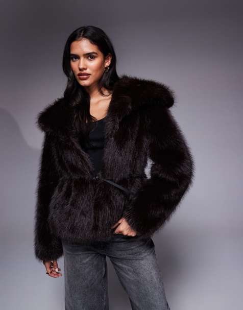 River Island faux-fur short belted jacket in dark brown - view 1