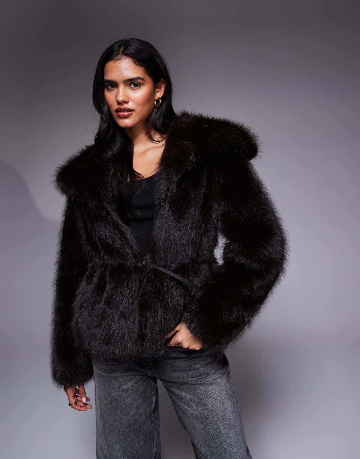 River Island faux fur short belted jacket in dark brown