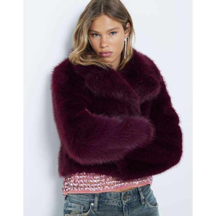 River Island Faux fur short plush jacket in burgundy ASOS