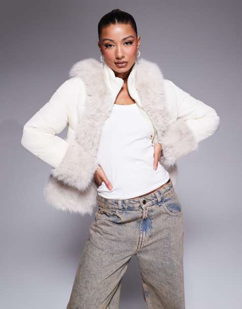 River Island faux fur short puffer jacket in cream - view 1