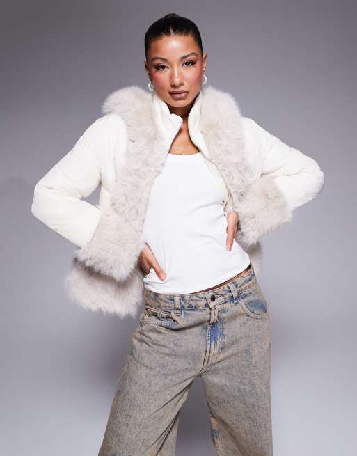 River Island faux fur short puffer jacket in cream ASOS