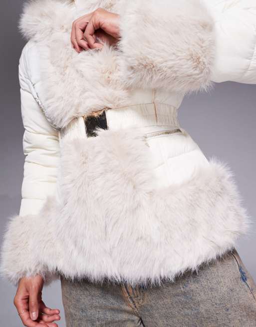 River Island faux fur short puffer jacket in cream ASOS