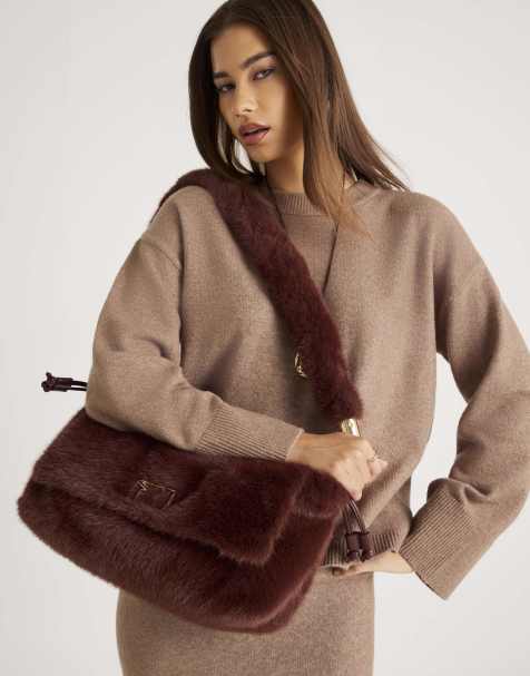River Island Faux fur shoulder bag in brown - view 1