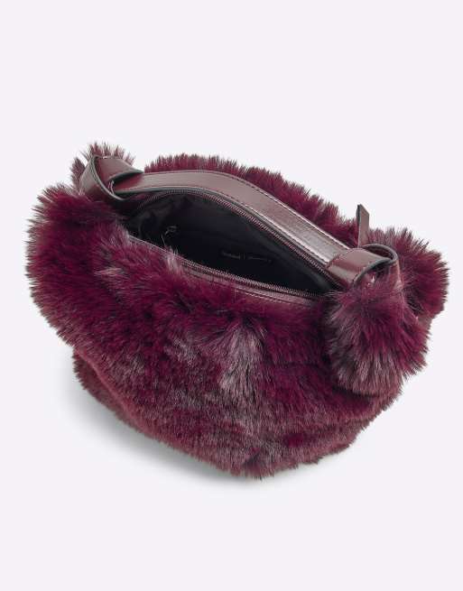 River Island faux fur shoulder bag in burgundy ASOS