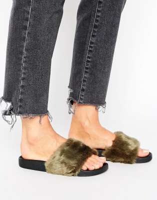 river island fur sliders