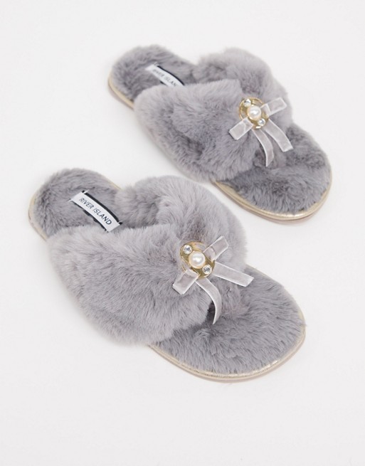 River Island faux fur slippers with pearl detail in grey