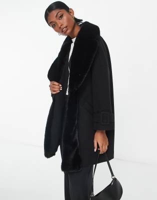 River Island Faux Fur Swing Coat In Black