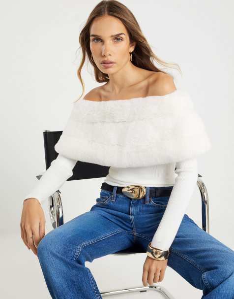 River Island Faux fur trim bardot jumper in cream - view 1