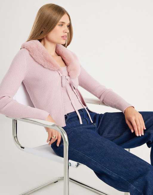 River Island Faux fur trim cardigan cami set in pink - medium
