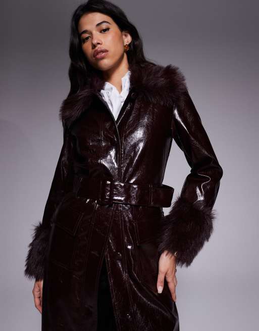 River Island faux fur trim pu trench in dark red