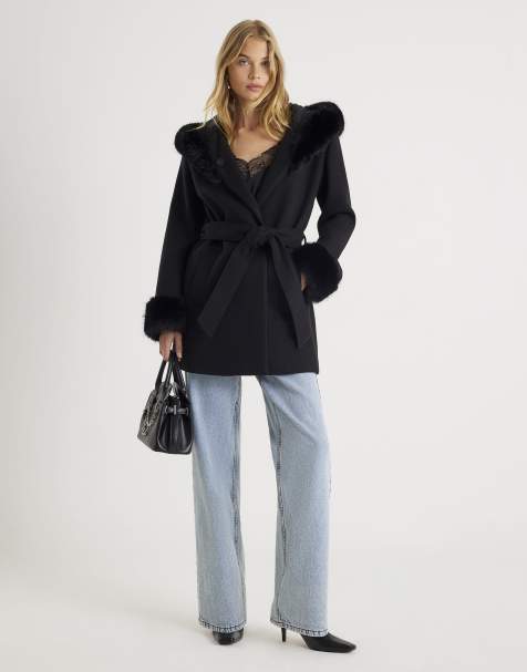 River Island Faux fur trim hooded coat in black - view 1