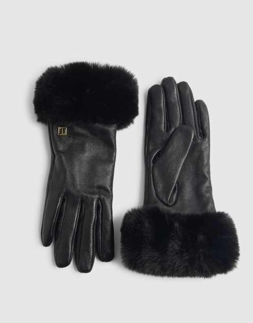 River Island Faux fur trim leather gloves in black