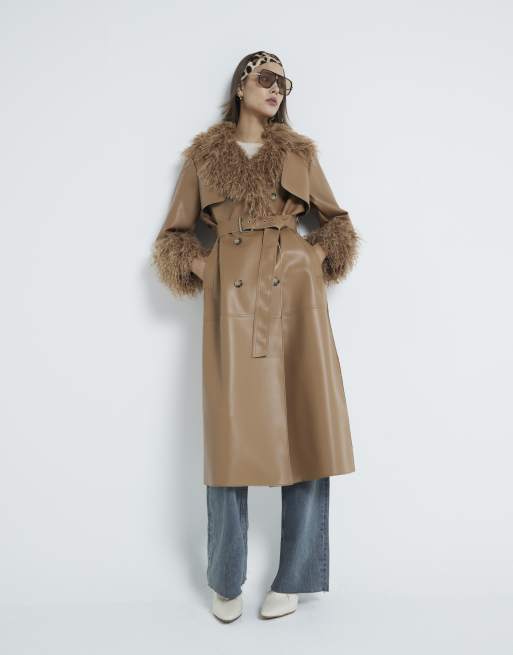 River Island Faux fur trim leather trench coat in brown / amber
