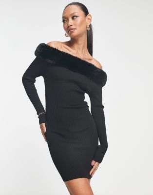 River Island faux fur trim mini dress in black | ASOS