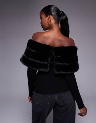 River Island Faux Fur Trim Off The Shoulder Sweater In Black