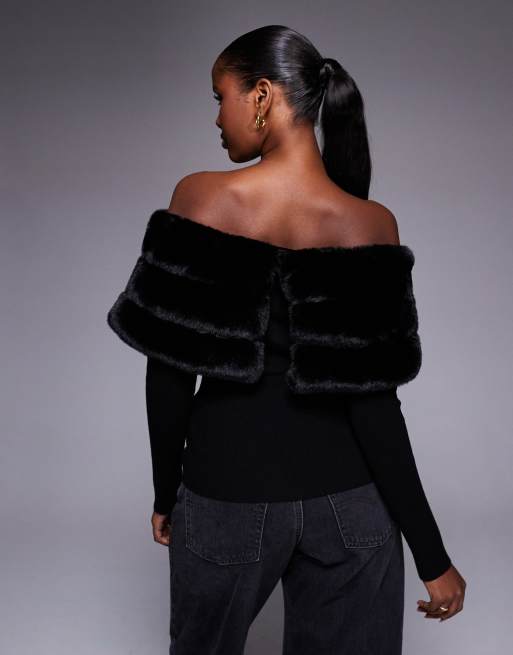 River Island faux fur trim off the shoulder sweater in black, 2 of 4
