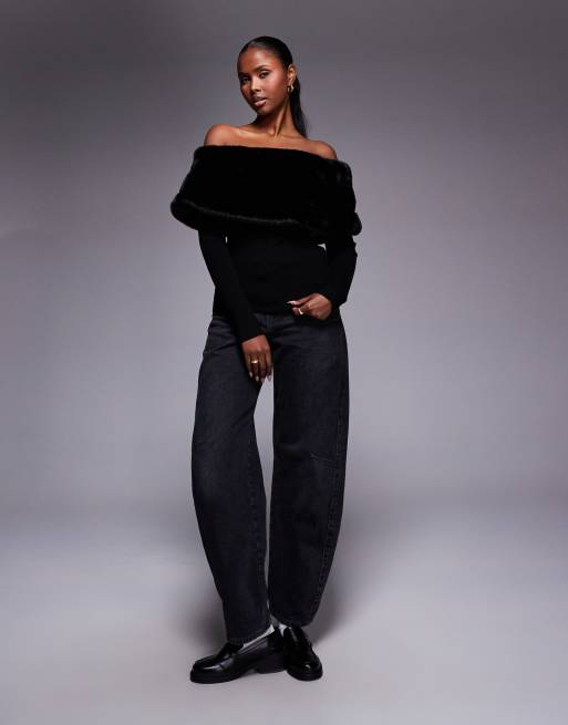 River Island faux fur trim off the shoulder sweater in black | ASOS