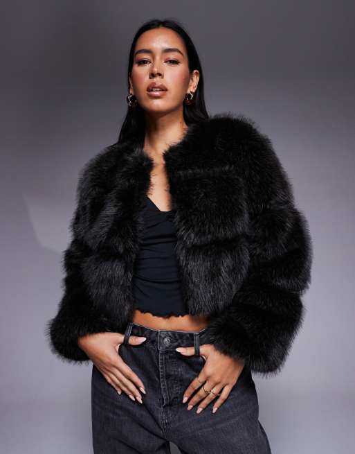 River Island faux fur trim pu cropped trench in dark brown