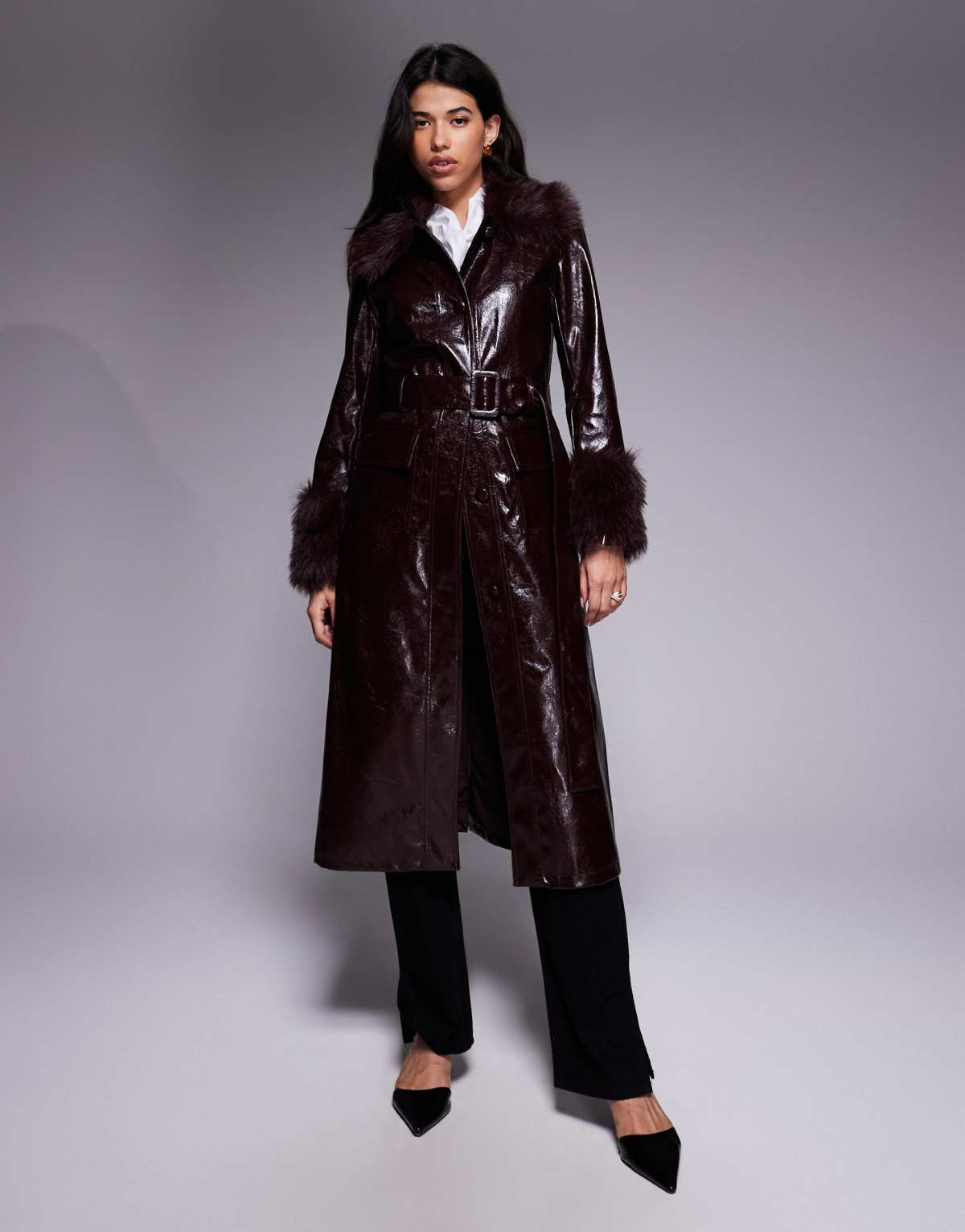 River Island faux fur trim pu trench in dark red