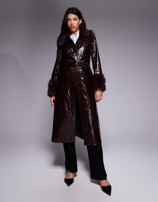 River Island faux fur trim PU trench in dark red
