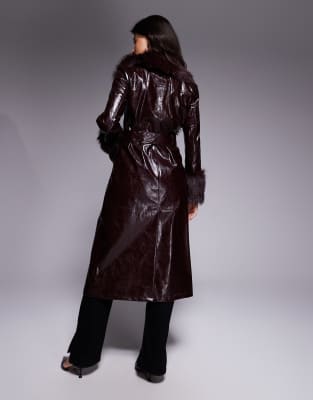 River Island Faux Fur Trim Pu Trench In Brown