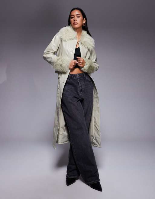 River Island faux fur trim pu trench in light green